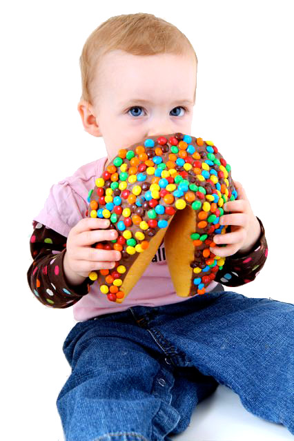 Even babies love our giant fortune cookies! This one is covered in milk chocolate with M&M's