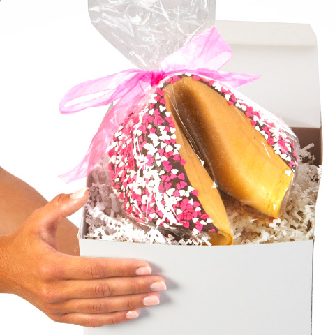 All giant fortune cookies come gift boxed with colorful coordinating ribbon and sizzle