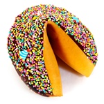 Dark Chocolate covered giant fortune cookie with birthday candies and pastel sprinkles