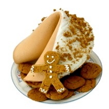 A new spin on holiday favorite, this gingerbread flavored giant fortune cookie covered in white chocolate and real gingerbread cookie crumbles.