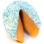 White Chocolate covered giant fortune cookie with traditional Hanukkah colors of blue and white