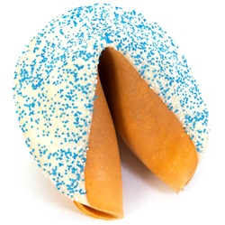 White Chocolate covered giant fortune cookie with traditional Hanukkah colors of blue and white