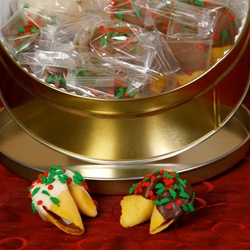 Traditional vanilla flavored fortune cookies covered in assorted chocolates and festive holiday springles perfect for the corporate gift season!