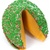 Milk Chocolate covered giant fortune cookie decorated with super lucky St. Patrick's Day shamrocks.