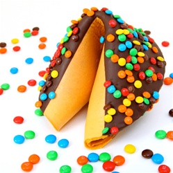Giant fortune cookies covered in rich dark chocolate and then decorated with real chocolate m&m's