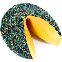 Mardi Gras giant fortune cookie covered in milk chocolate.