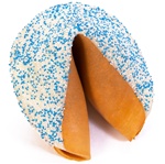 White Chocolate covered giant fortune cookie with traditional blue and white bar mitzvah colors