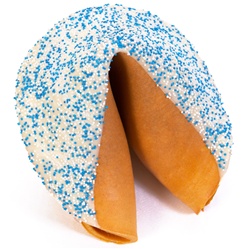 White Chocolate covered giant fortune cookie with traditional blue and white bat mitzvah colors