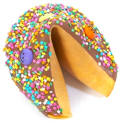 Milk Chocolate covered giant fortune cookie decorated with colorful stars and fun smiley faces