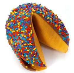 Bold colors adorn this chocolate covered giant fortune cookie, perfect to celebrate your father or bosses birthday.