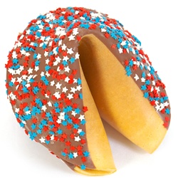 Milk Chocolate covered giant fortune cookie decked out like Uncle Sam in red, white and blue stars