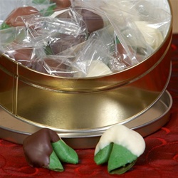 Green fortune cookies covered in milk, white and dark chocolate, the perfect gift for passing along the luck of the Irish