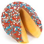 Milk Chocolate covered giant fortune cookie decked out like Uncle Sam in red, white and blue stars